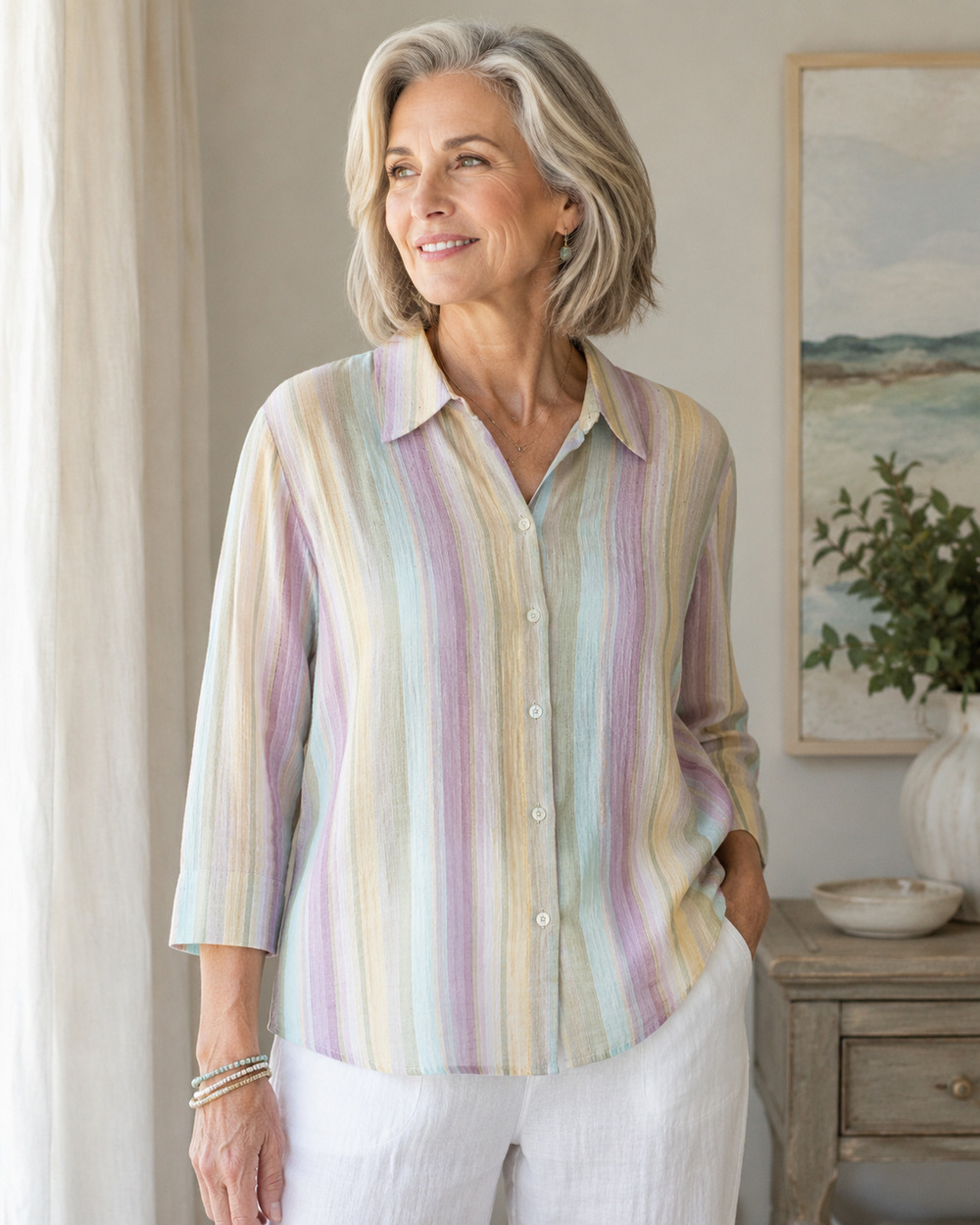 Pastel Striped Semi Sheer Button Down Blouse Petite L Lightweight Cottagecore
